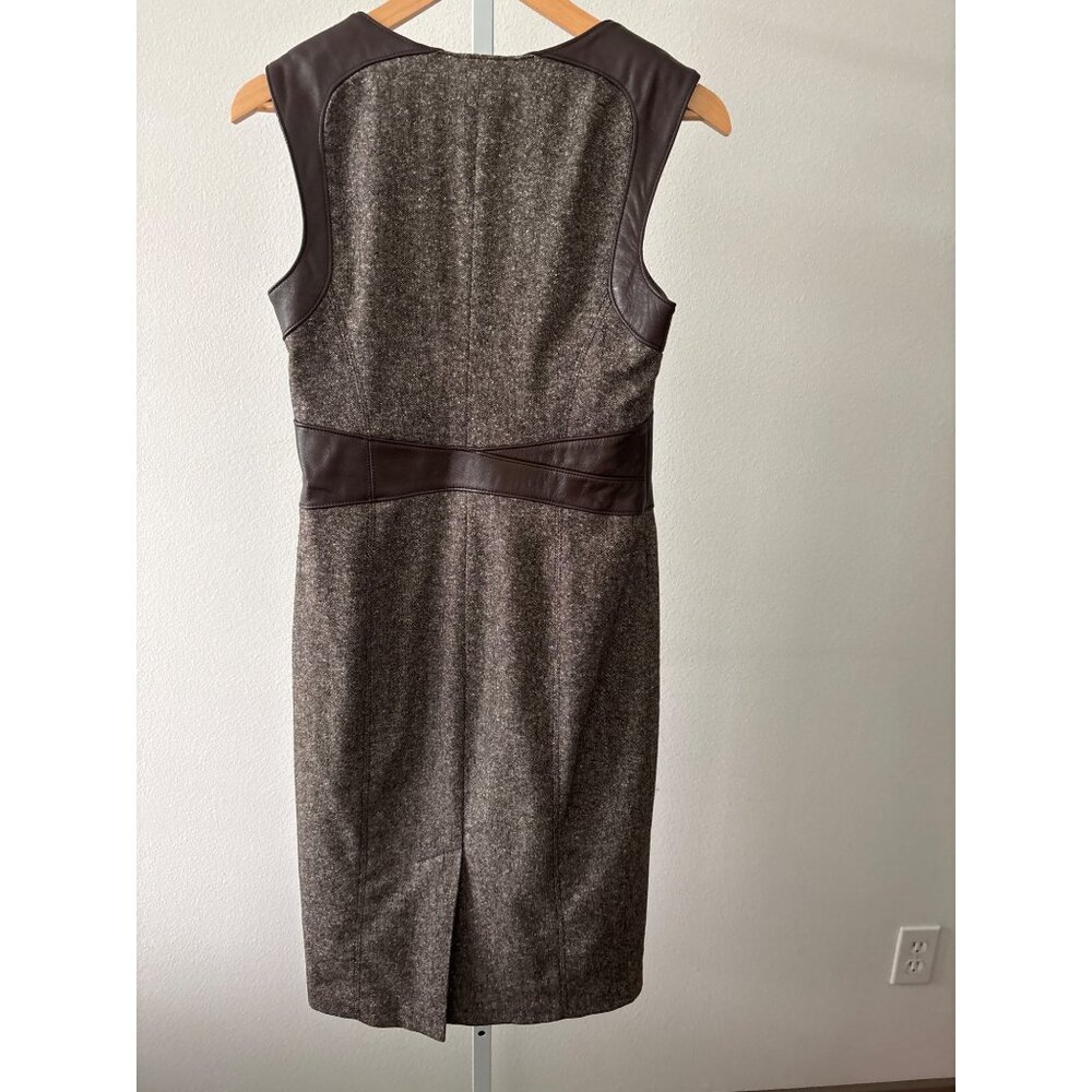 Y2K Bebe Dress Sz 10 Wool Blend Tweed Leather Corset Detail Lace Up Bodycon Slit - Picture 3 of 16